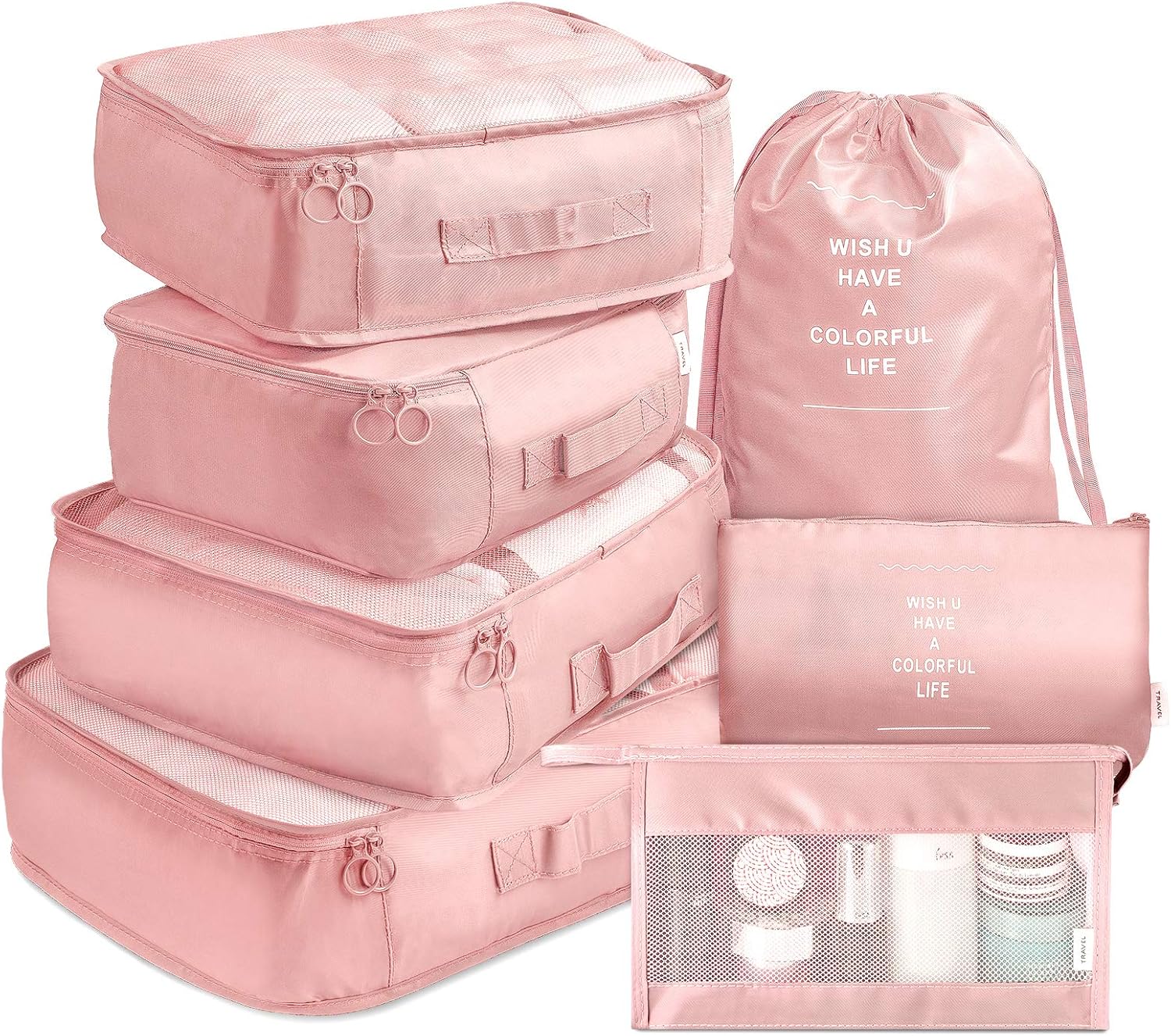 Packing Cubes VAGREEZ 7 Pcs Travel Luggage Packing Organizers Set with Toiletry Bag (Pink)