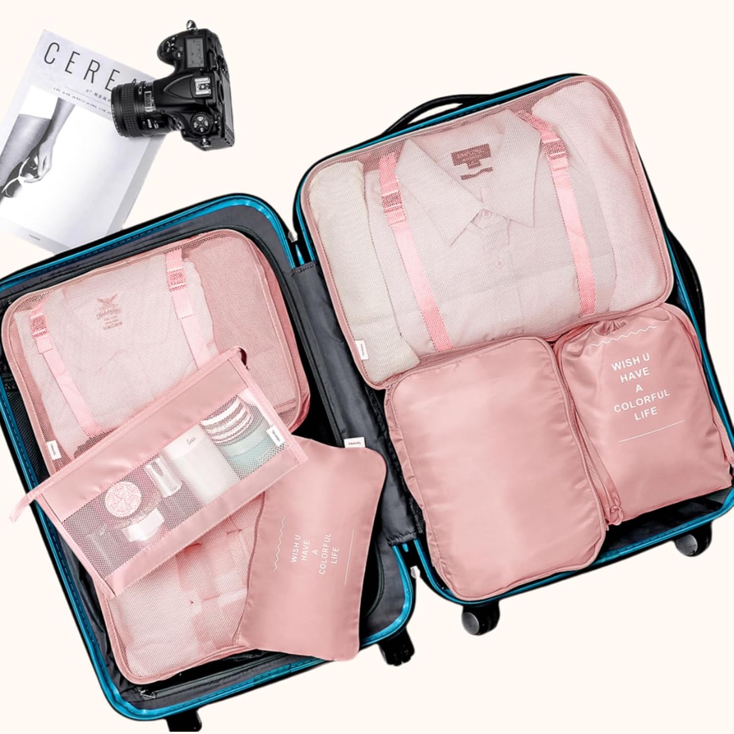 Packing Cubes VAGREEZ 7 Pcs Travel Luggage Packing Organizers Set with Toiletry Bag (Pink) - Image 2