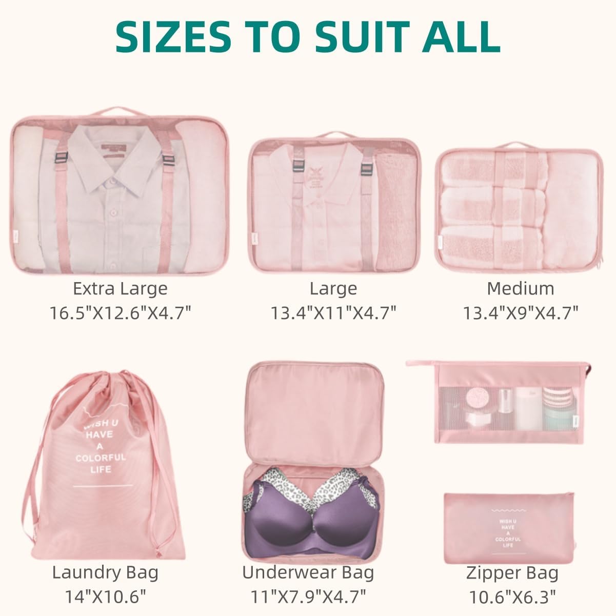 Packing Cubes VAGREEZ 7 Pcs Travel Luggage Packing Organizers Set with Toiletry Bag (Pink) - Image 5