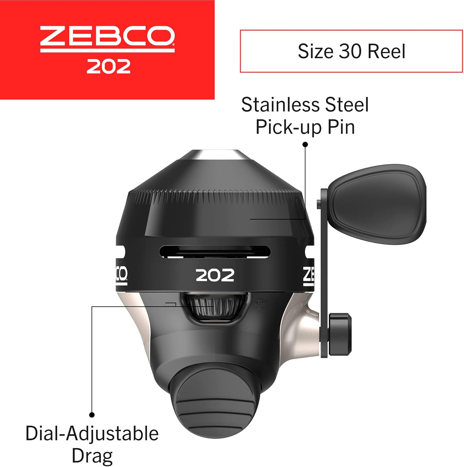 202 Spincast Fishing Reel, Size 30 Reel, Right-Hand Retrieve, Durable All-Metal Gears, Stainless Steel Pick-up Pin, Pre-Spooled with 10-Pound Zebco Fishing Line, Black, Clam Packaging - Image 2