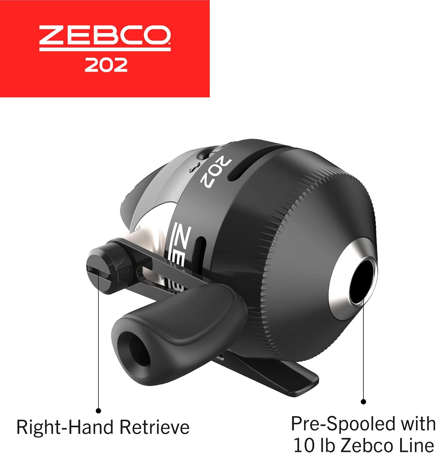 202 Spincast Fishing Reel, Size 30 Reel, Right-Hand Retrieve, Durable All-Metal Gears, Stainless Steel Pick-up Pin, Pre-Spooled with 10-Pound Zebco Fishing Line, Black, Clam Packaging - Image 3